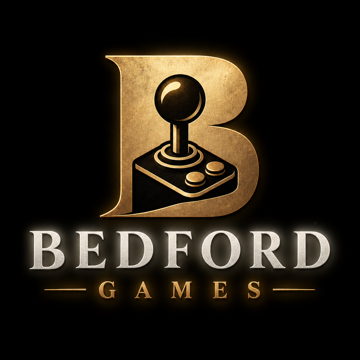 Bedford Games — premium gold B with a black and gold joystick, silver Bedford lettering and gold Games lettering